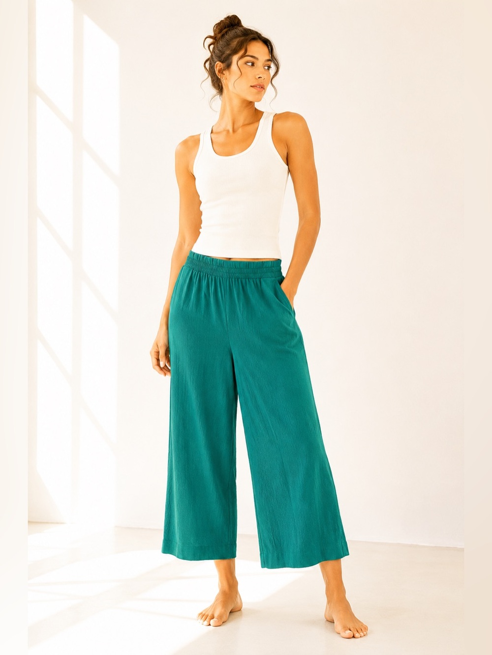 Athleta Textured Wide Leg Pants Emerald Green Travel Chic Size 8